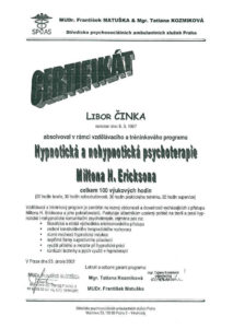 Certifikát Libor Činka - výcvik v hypnotické a nehypnotické psychoterapii
