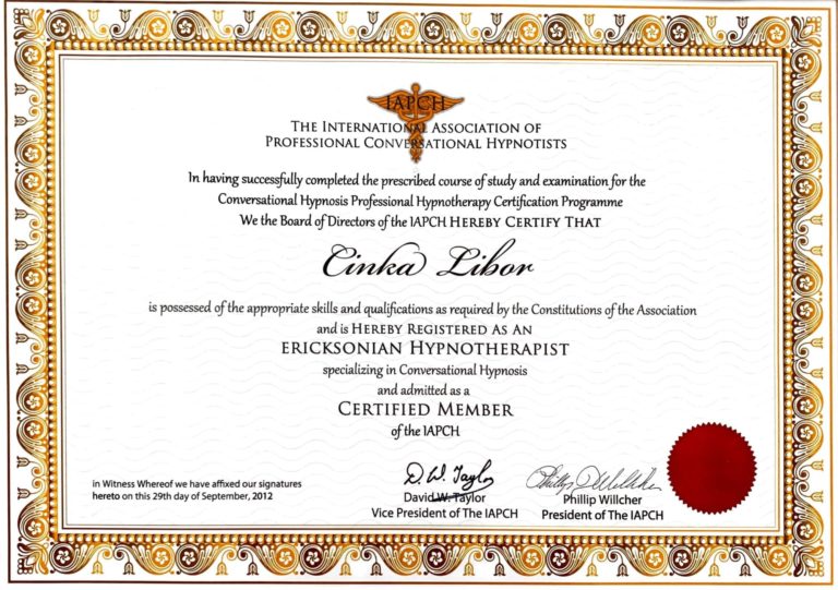 Ericksonovský hypnoterapeut - certifikát