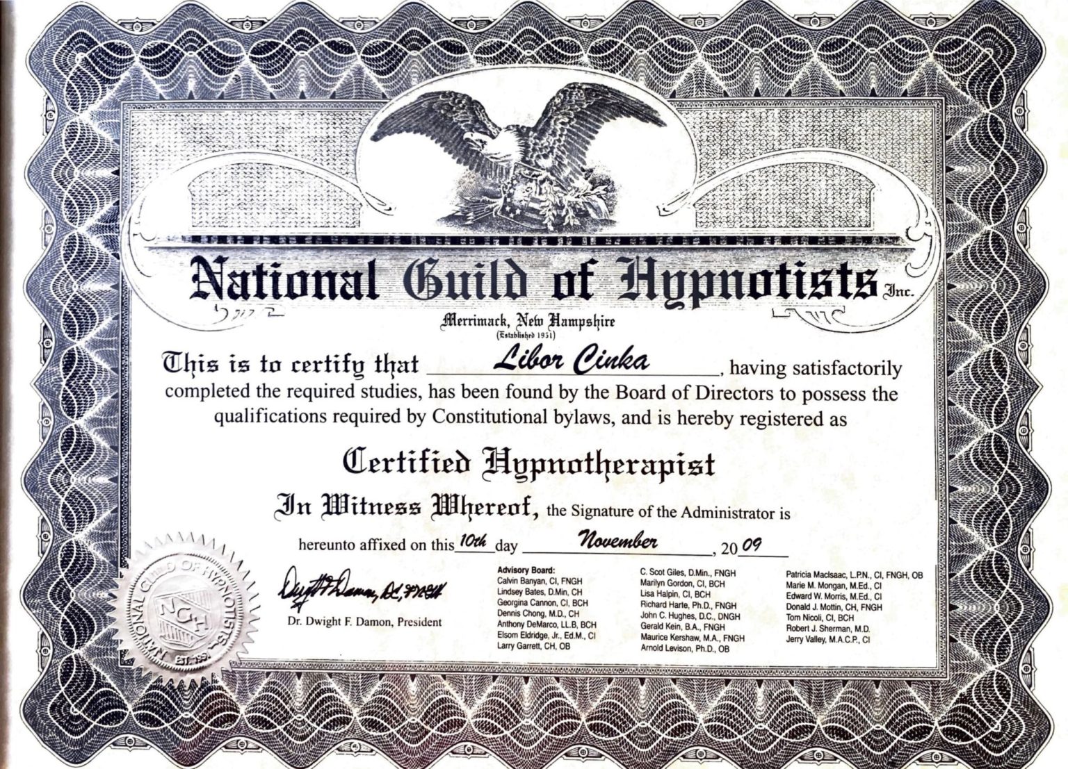 certifikát - hypnoterapeut